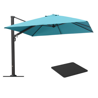 Parasol excentré carré en aluminium mauve 120 po avec base en tôle d'acier et feuille turquoise