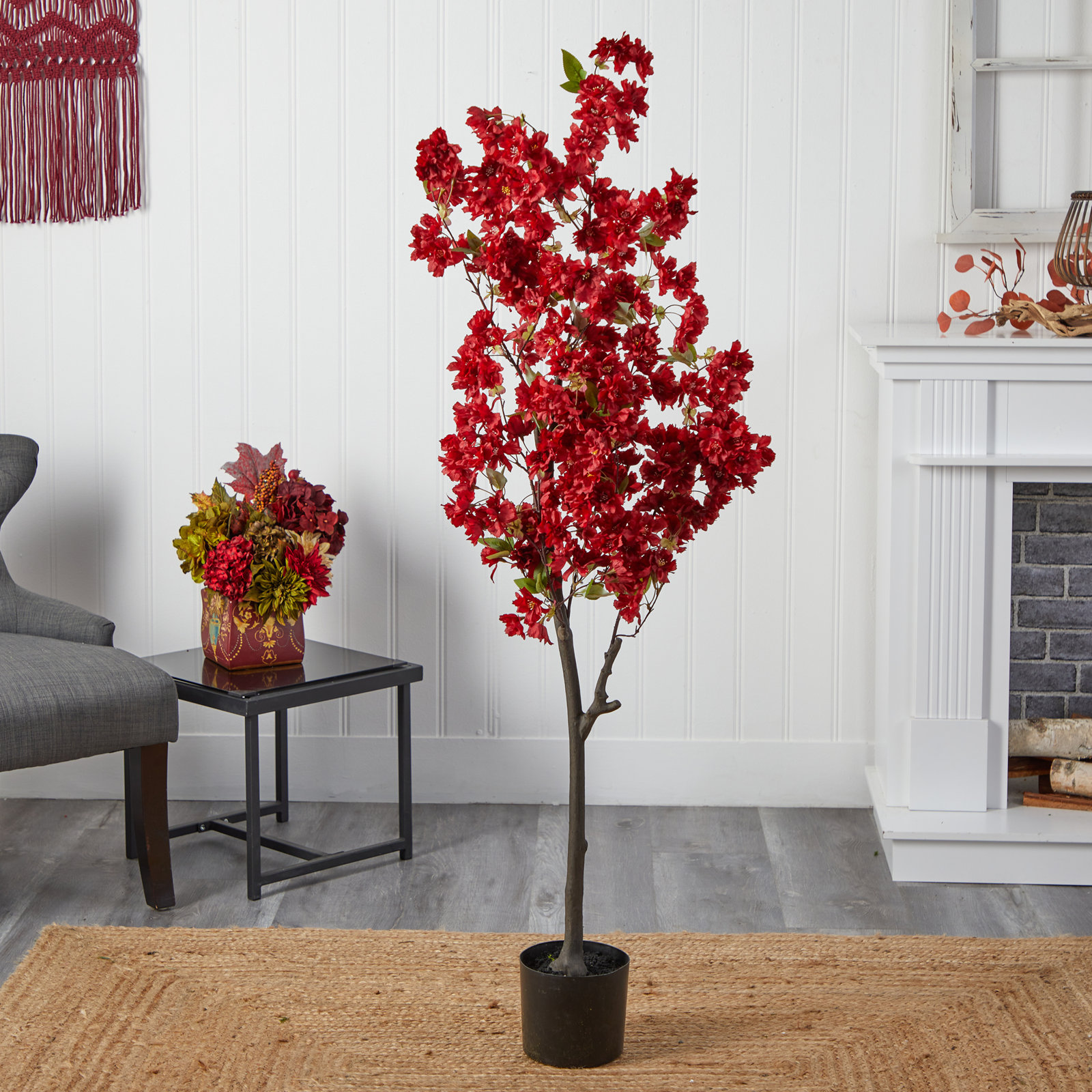 Faux Cherry Blossom Tree in Planter, 60" H x 24" W x 12" D, Red