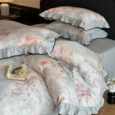 Ensemble de housse de couette floral en coton froissé à double couche