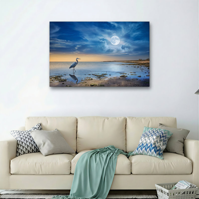 Ensemble de 1 tableau sur toile représentant un héron au clair de lune, 28"H x 40"W, Toile tendue