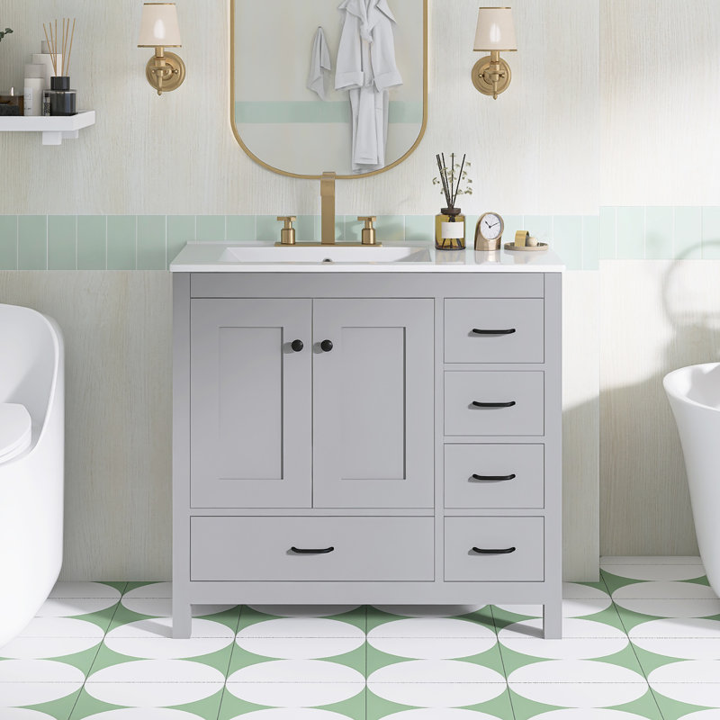 Ensemble de meuble-lavabo autoportant 36 po avec comptoir en céramique 36 po, Gris