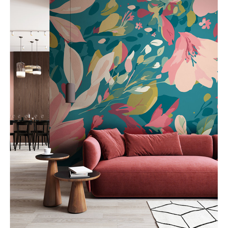 Lark Manor Flowing Flowers Matte Roll, Teal Blue/Coral, 280cm L x 350cm W