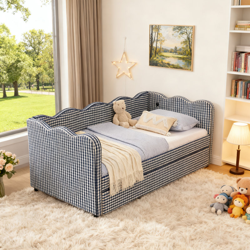 Daybed With Trundle,  Sofa Bed, No Box Spring Needed, Usb Port, Adorable Wave Shaped, Linen Fabric, Navy, Full