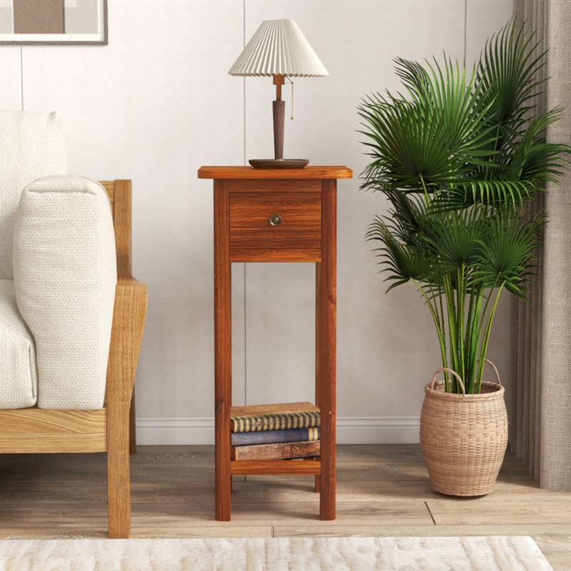 2 Tier Slim Nightstand Bedside Table with Drawer Shelf, Natural