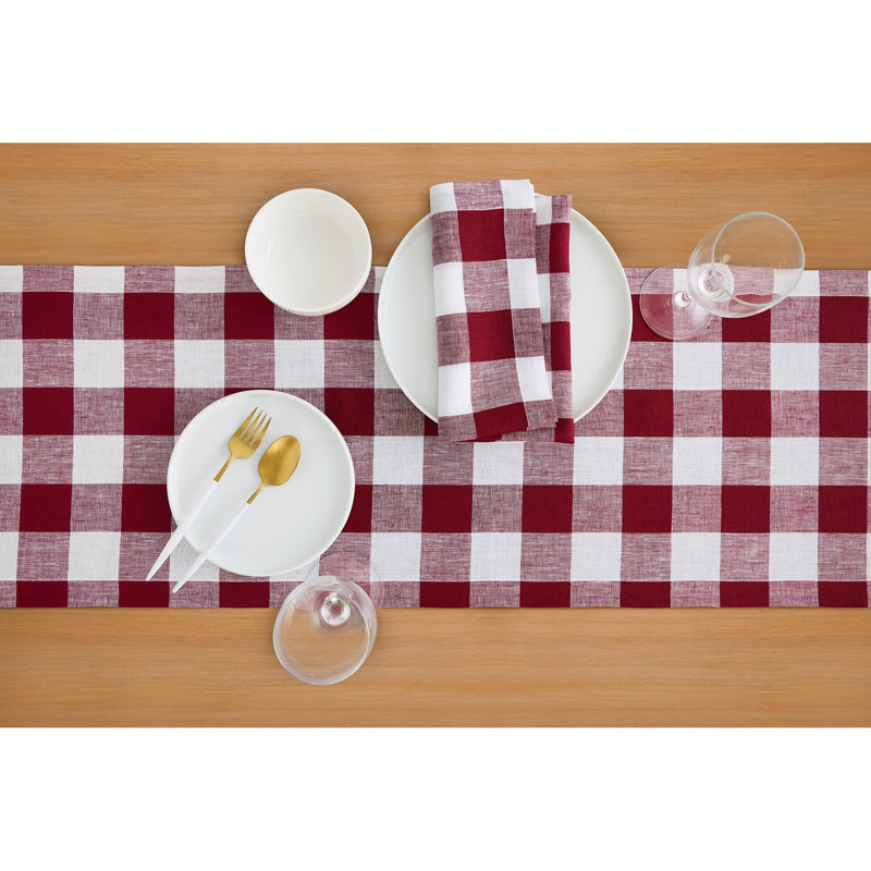 Buffalo Check - 100% Pure Linen Table Runner, 156" x 14", Burgundy/White