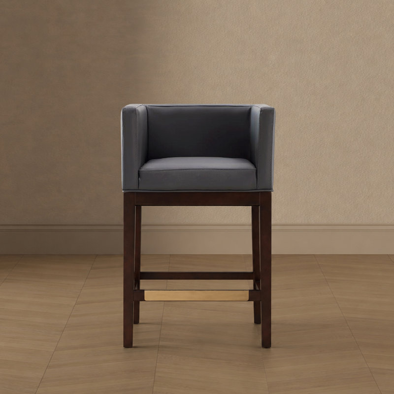 Kingsley Mid-Century Modern Vegan Leather Upholstered Beech Wood Counter Stool in Gray, Counter Stool (26" Seat Height)