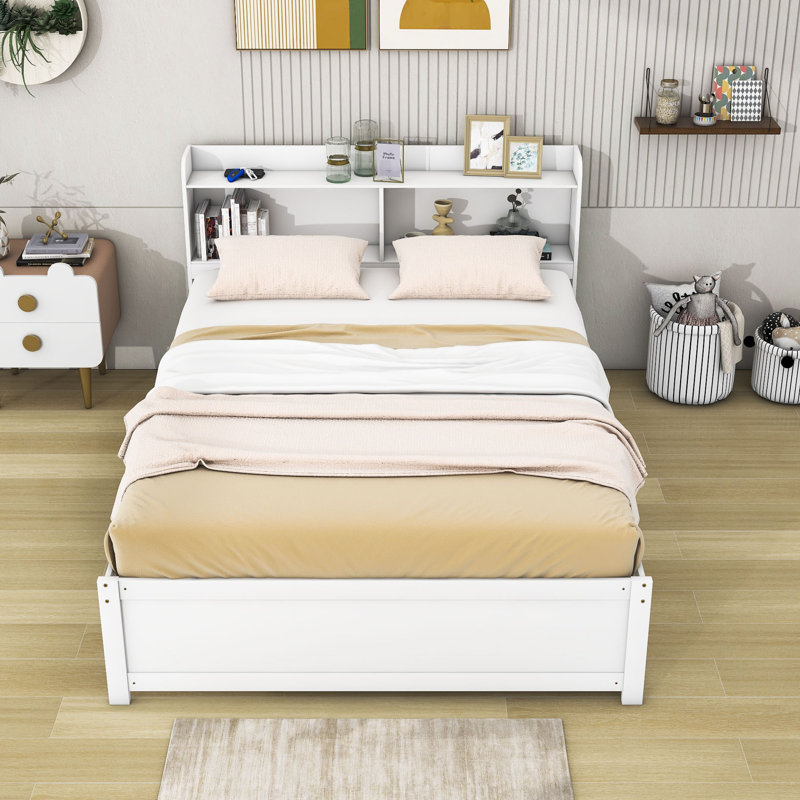 Full Size Platform Bed with Trundle and Storage Shelves, White