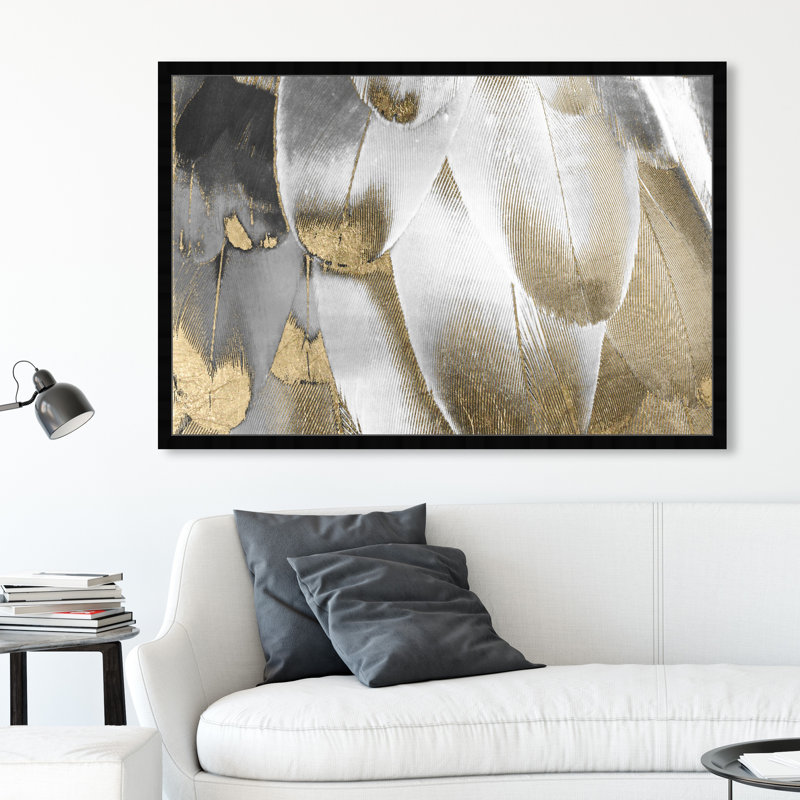 Impression d’art graphique « Fashion and Glam Royal Gold Feathers », l 38 po x l 56 po, Cadre noir