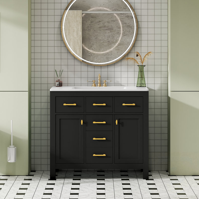 Meuble-lavabo avec lavabo en céramique, 4 tiroirs et 2 armoires, Noir