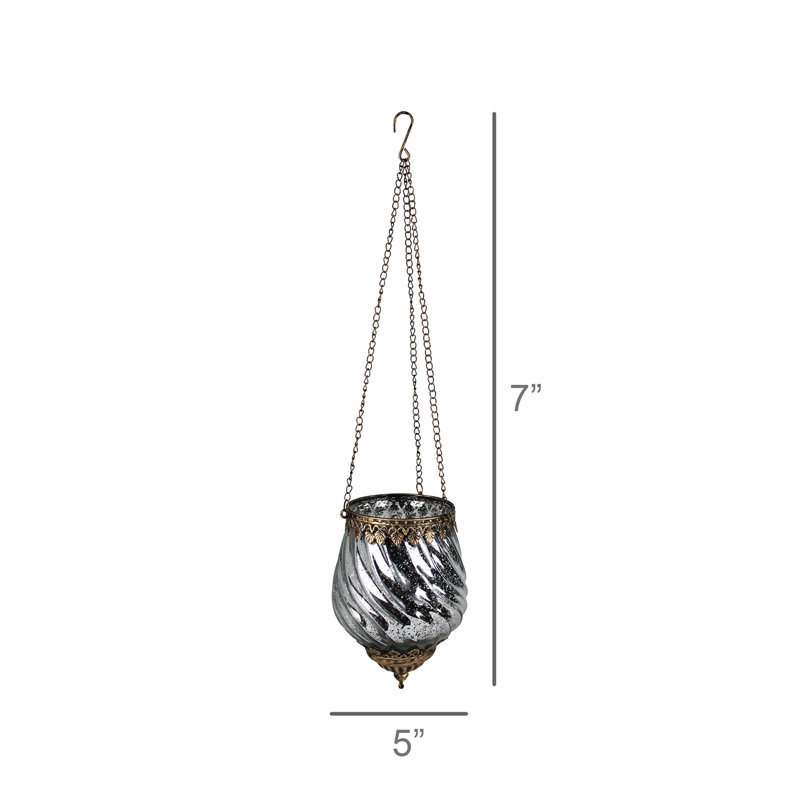 Lanterne suspendue Fès, verre, chaîne, Argent, H 7 po x l 5 po x P 5 po