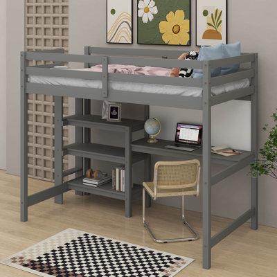 Lit mezzanine simple en bois avec tablettes, bureau et tableau d'écriture