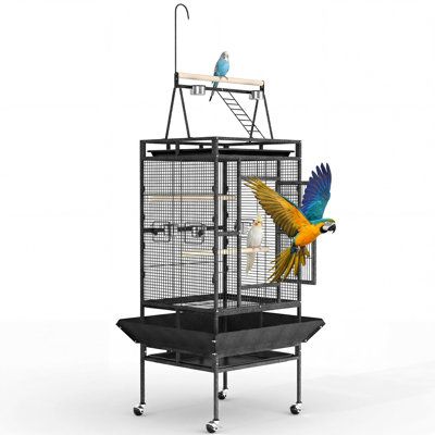 Très grande cage à perroquet de 82 pouces avec plateau de jeu - Volière en fer forgé robuste - Intérieur spacieux, support roulant, perchoir à corde, plateau amovible facile à nettoyer, verrou sécuritaire - Couleur: noir pulvérisé