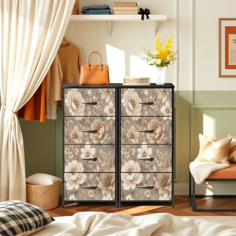 Commode pour chambre à coucher avec 4 tiroirs de rangement Vintage Floral Beige Brun Gris Fleurs Commodes neutres Commode en tissu avec cadre en acier pour vestibule