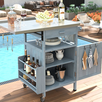 Chariot de barbecue extérieur bleu-gris avec un tiroir, un support à épices et des crochets en S - taille de 40,5 po, bois massif, assemblage facile