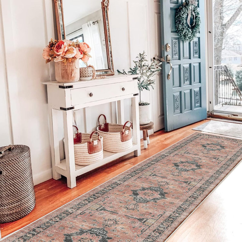 Hallway Washable Rug - Kitchen Rugs Entryway Rug Vintage Soft Floor Mat Non Slip Indoor Farmhouse Carpet for Bathroom Living Room Bedroom (Orange)