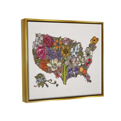 «United States Country Map détaillée Botanical State Flowers» par Valentina Harper - cadre flottant, impression sur toile
