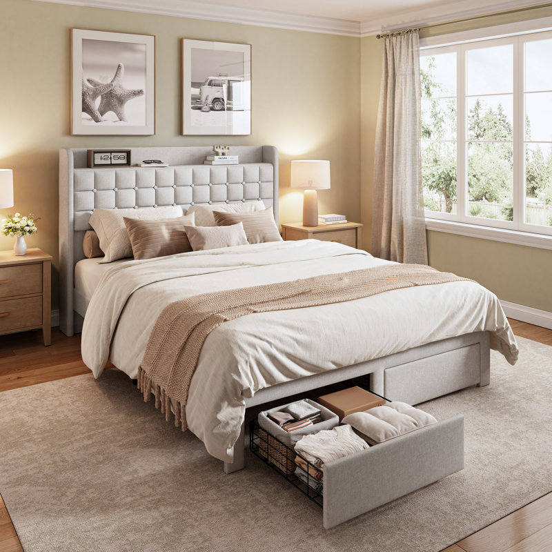 Structure de lit tapissier en lin avec 2 tiroirs de pied de lit et plateforme de rangement, Beige, Double