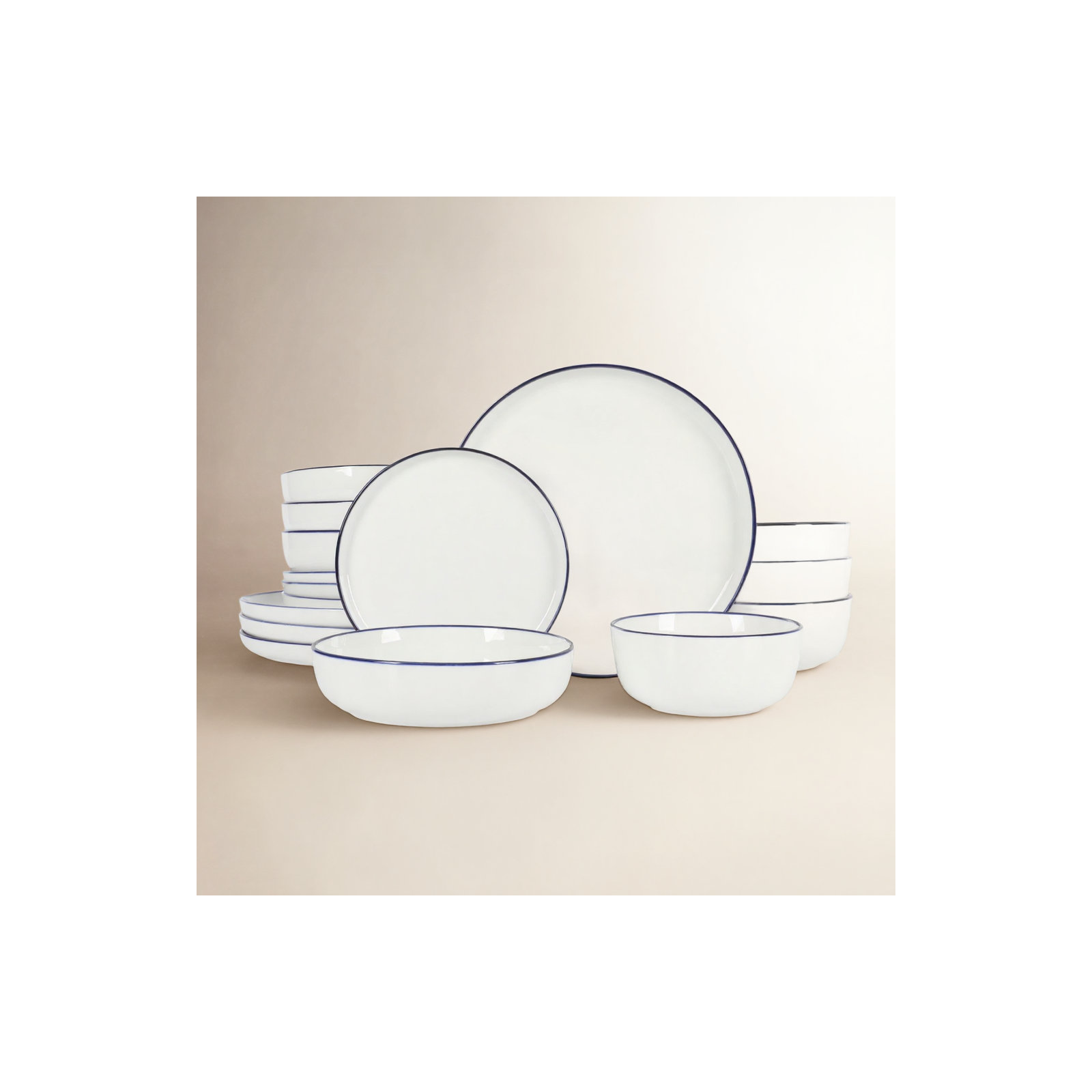 Gibson Home Oslo 16 Piece Dinnerware Set, White/Blue Rim