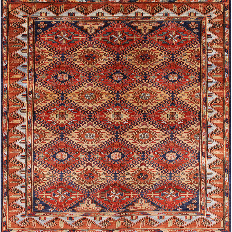 Tapis géométrique rouge / rouille / beige, Carré 5 pi