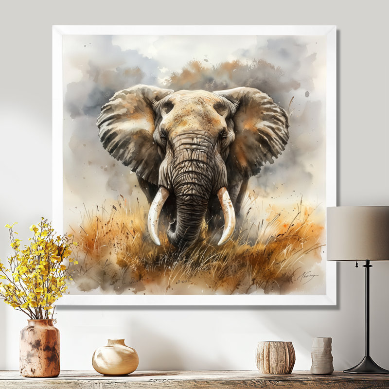 «African Elephant Memories III», reproduction sur toile, H 36 po x l 36 po, Reproduction encadrée, Blanc