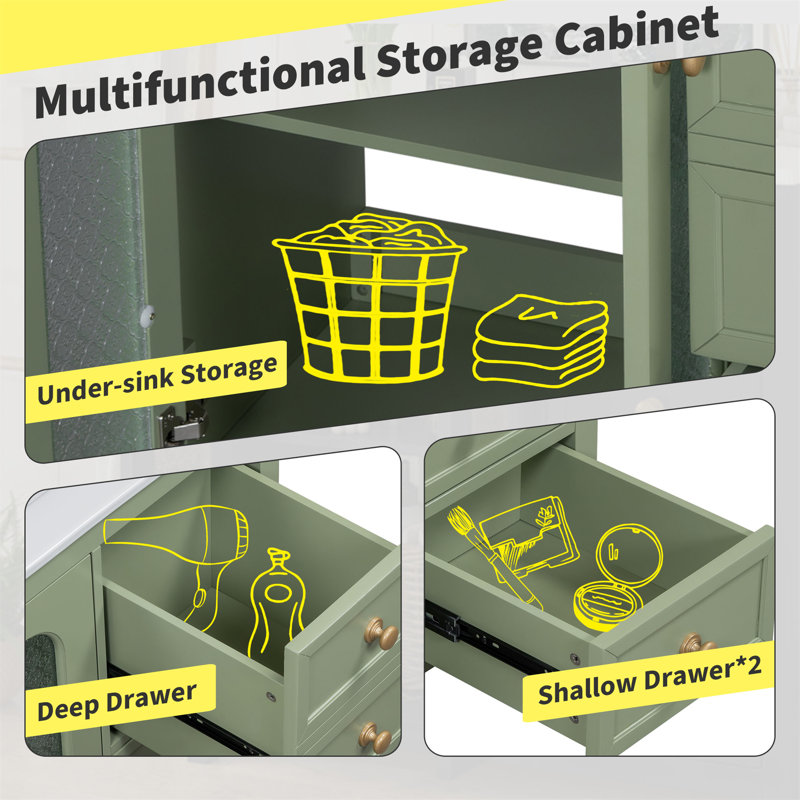Meuble-lavabo simple 36 po avec lavabo en céramique, armoire à fermeture en douceur et tiroirs 36 po, Vert