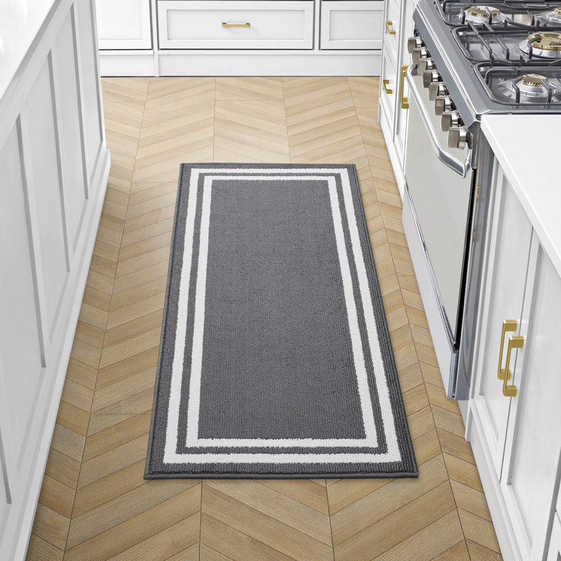 Laura Ashley Debbie Double Border Two-Tone Machine Washable All Loop Tufted Rugs, Runner 2'2" x 5', Dark Gray/Natural