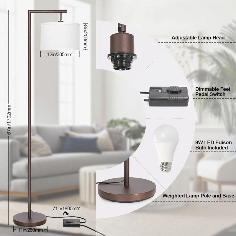 Lampe sur pied entièrement réglable à intensité variable brune, lampe sur pied à arc pour chambre à coucher avec abat-jour réglable et interrupteur au pied, lampe sur pied moderne de coin pour salon, bureau, ampoule DEL incluse