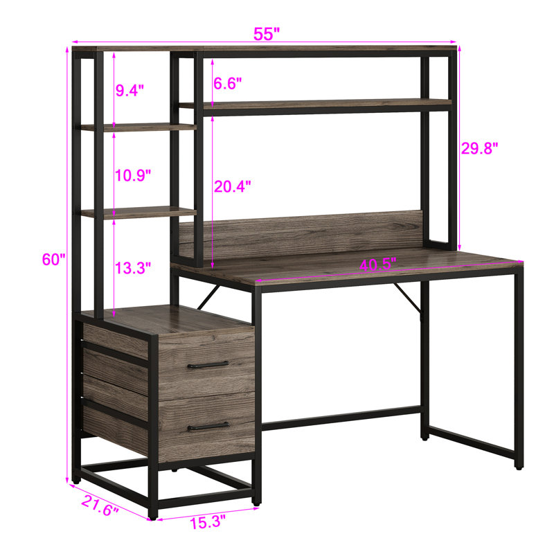 Table d'ordinateur avec 2 tiroirs et tablettes de rangement