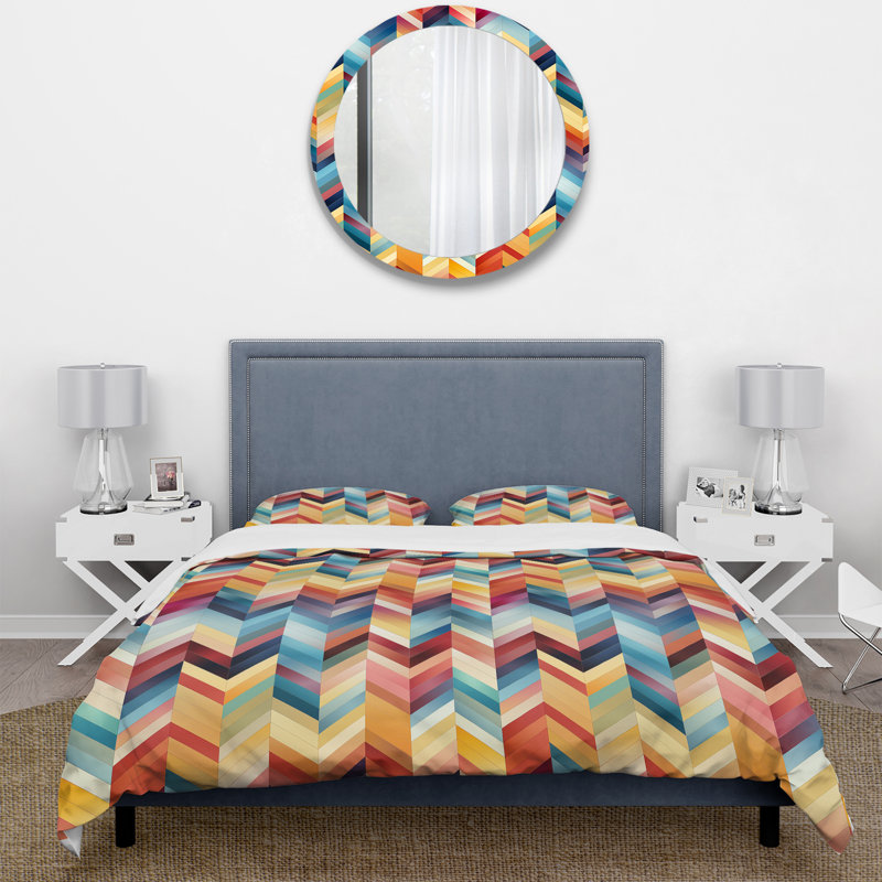 Ensemble de housse de couette en microfibre à motif de chevrons en mosaïque bleue / jaune / rose