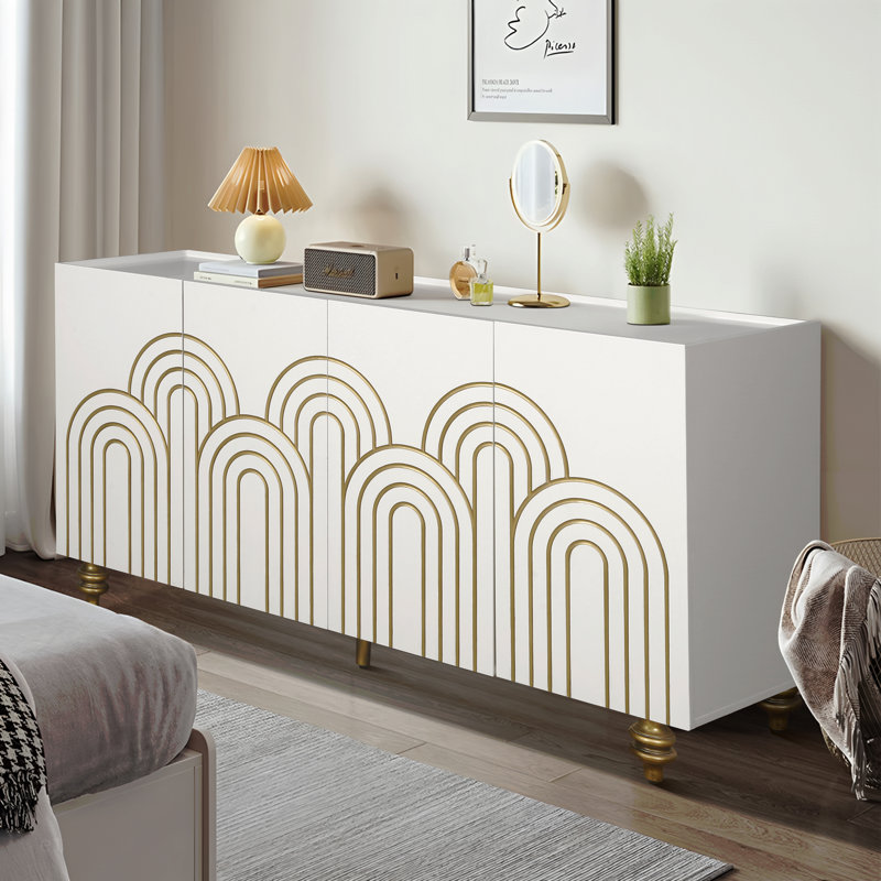 Buffet moderne cannelé avec rangement, élément courbe avec lignes strictes, armoire de rangement à 4 portes avec tablettes réglables pour la cuisine, la salle à manger et le salon (blanc)