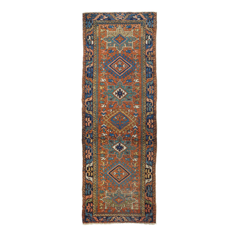 Tapis de couloir unique en laine noué à la main brun, orange et bleu de 3 pi 1 po x 8 pi 11 po