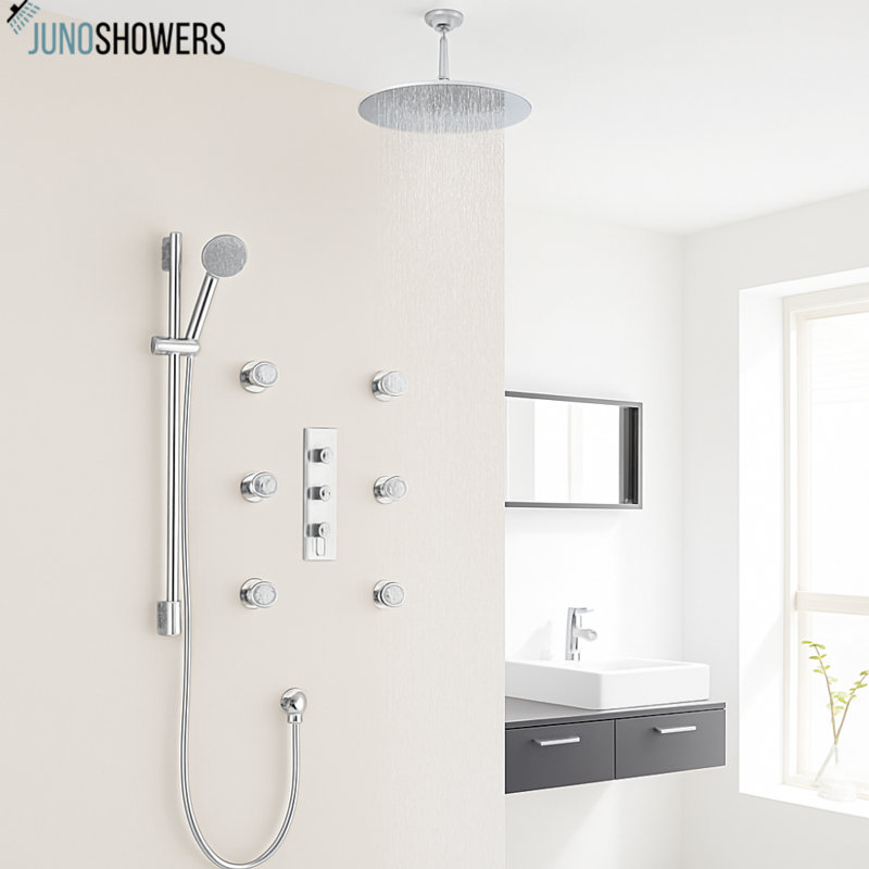 Nouveau système de douche de pluie thermostatique au plafond 20 po avec 6 jets Juno