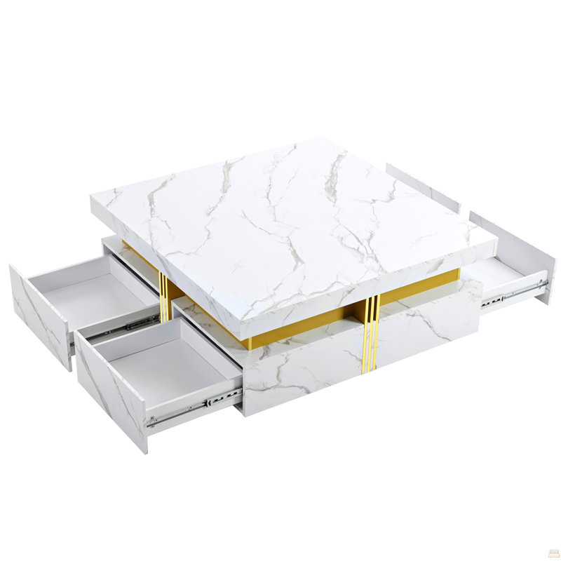 Table basse carrée avec rangement à 4 tiroirs, Blanc