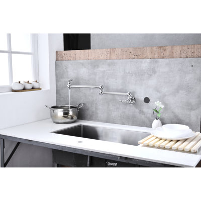 Wall Mounted Pot Filler Faucet, Folding With Arm For Practical And Accessible Use, Double Handles To Regulate Water, Corrosion, Brass Body User- Filling, Corrosion Surface,