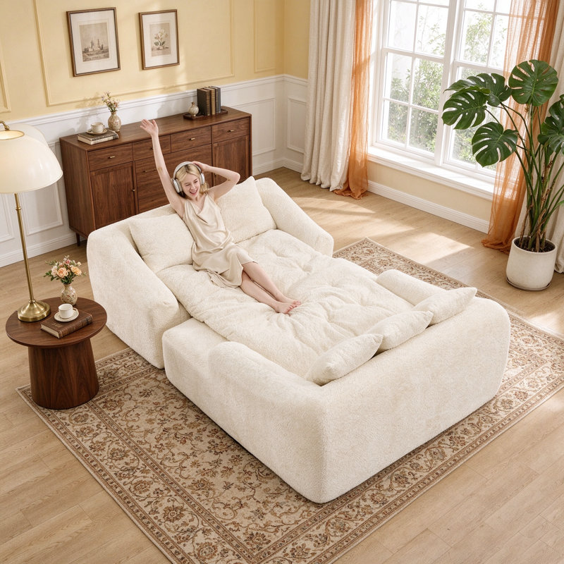 Upholstered 65.3 " Chenille Sleeper Sofa, Chenille beige