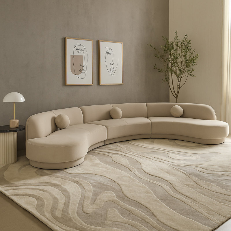 Canapé 3 pièces Zema, design courbé et modulaire, tissu brun chameau, 3 coussins décoratifs