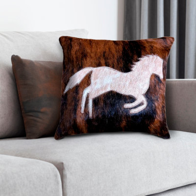 Housse de coussin en cuir de vache avec cheval de course