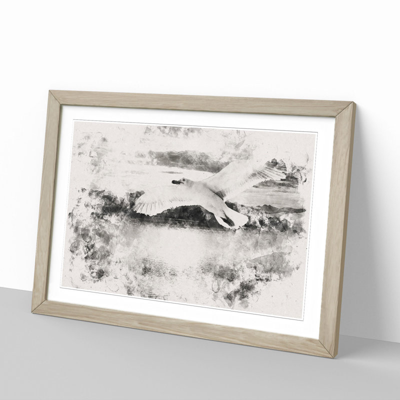 Seagull in Flight Vol.2 Watercolour - Picture Frame Graphic Art, Oak, 48cm H x 65cm W x 2cm D
