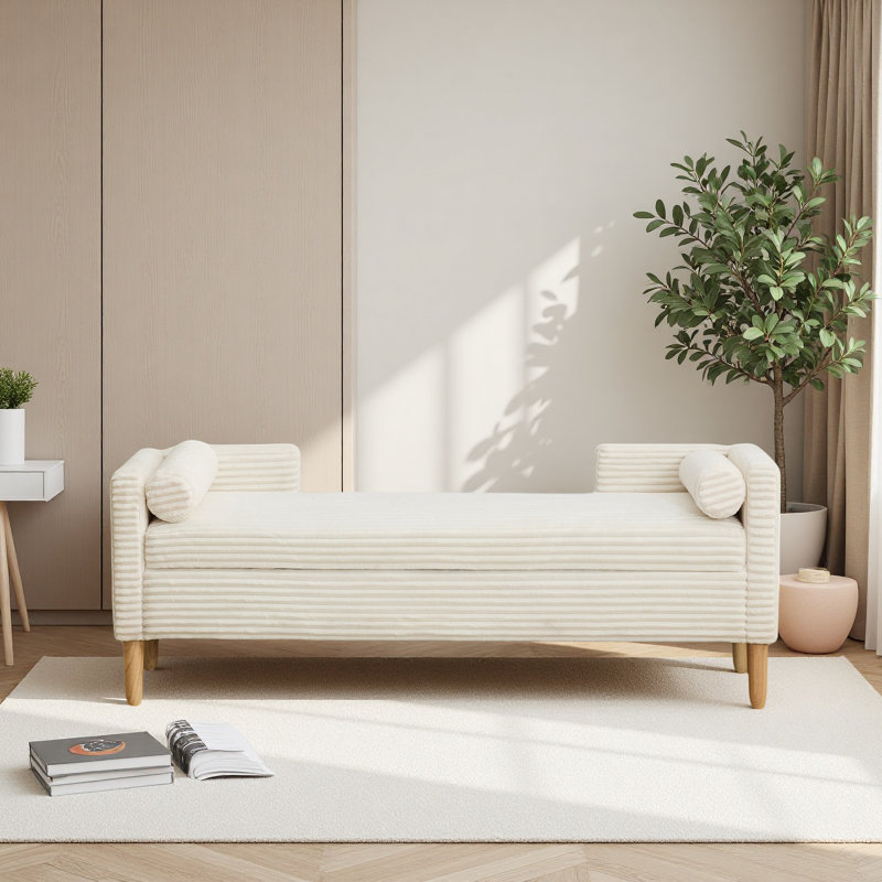 Banc de rangement rembourré l 65,3 po avec coussins, Ivoire ivoire