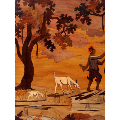 Handcrafted "Village Life" Indian Wood Inlay Wall Art | 24-Inch Rustic Scene Panel