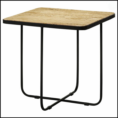 Travertine And Black Accent Table With Skewed Base, Perfect For Modern And Classic Interiors