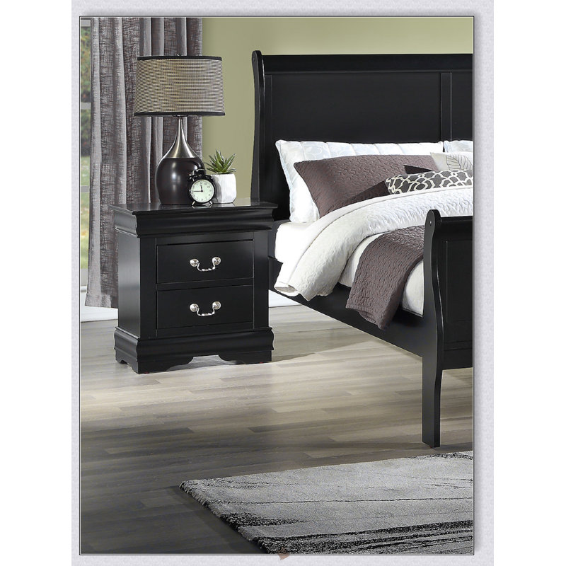 Table de chevet contemporaine en bois massif 1pc avec deux tiroirs, finition noire, durable et élégante pour les chambres à coucher modernes