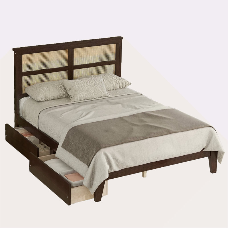 Lit double avec tête de lit en rotin, deux tiroirs de rangement, lit en bois d'hévéa avec sel et pieds de soutien améliorés