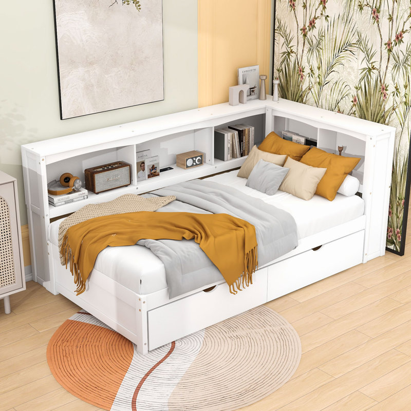 Lit de jour simple avec 2 tiroirs et armoires de rangement et ports USB, Blanc / Blanc