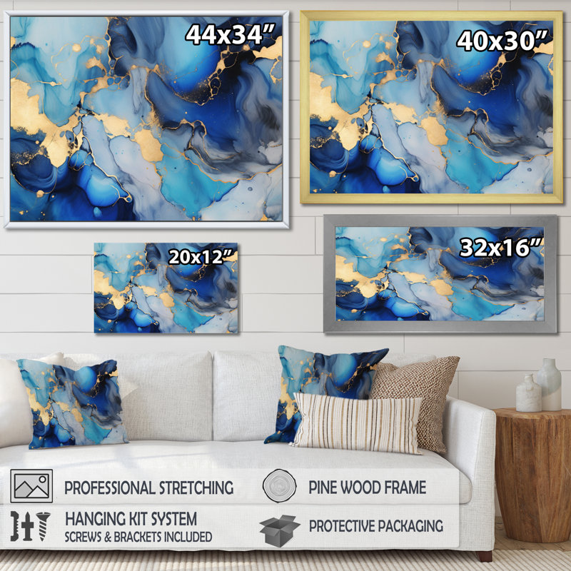 Bleu et or, art abstrait fluide de luxe II - fractales, art mural, Toile tendue, H 12 po x l 20 po x P 1 po