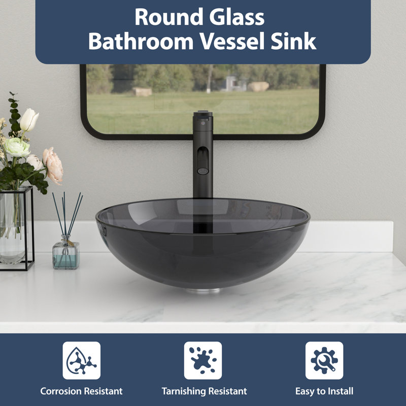 16" L x 16" W Glass Bathroom Vessel Sink Round Tempered Glass Art Basin Above Counter Bathroom Sink