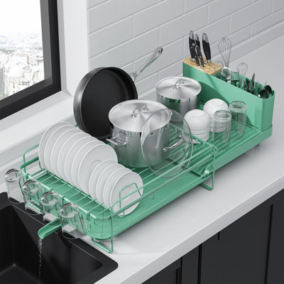 Large Dish Drying Rack - Extendable Dish Rack, Multifunctional Dish Rack for Kitchen Counter, Anti-Rust Dish Drainers with Cutlery & Cup Holders 19.2"-26.7" L x 12.9" W, Green