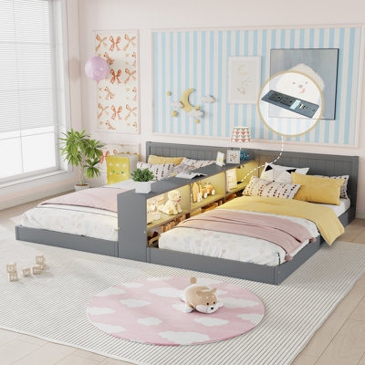Cadre de lit simple simple avec rangement, lit de plancher avec station de charge et de lumière, cadre de lit pour enfant convertible, gris