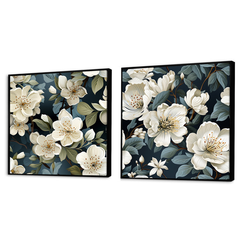 Ensemble de 2 carrés gris et orchidées en fleurs, Cadre flottant noir, H 16 po x l 33 po
