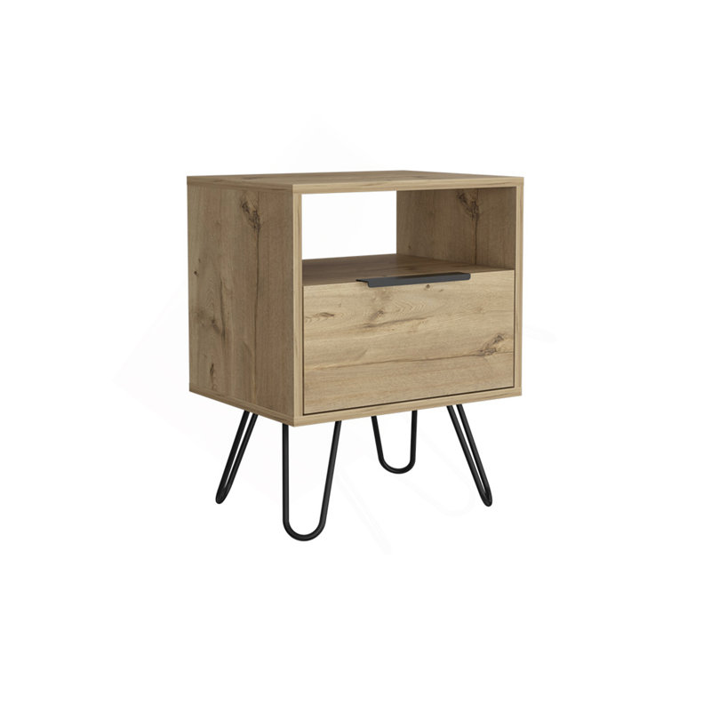 Nightstand Skyoner, Single Drawer, Hairpin Legs, Light Oak Finish, Light Oak